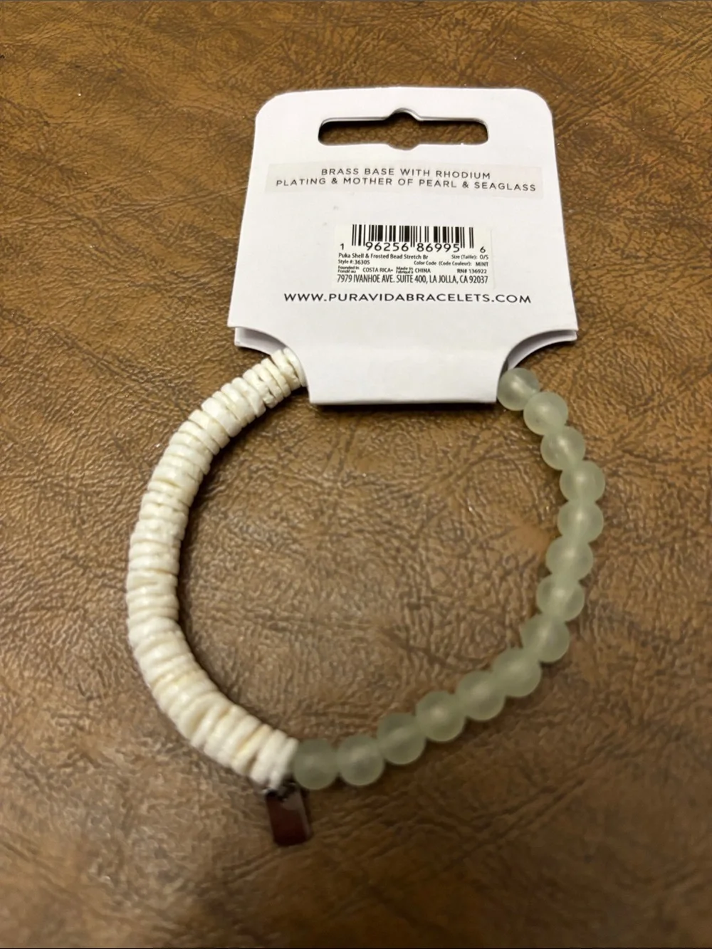 Pura Vida Pale Green glass Beads & white Mother of Pearl Bracelet